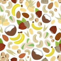 sömlös mönster av frukt och nötter på vit bakgrund. illustrerade kokos, kasju, hasselnöt, havre, pistasch, soja, mandel, banan. vegan mönster. vektor illustration.