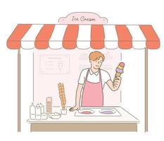 en arbetare i en glassaffär håller en kon med glass. handritade illustrationer för stilvektordesign. vektor
