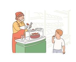 Im Supermarkt bereitet eine alte Frau Essen zum Probieren vor und ein süßes Kind isst es. handgezeichnete Stilvektordesignillustrationen. vektor