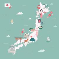Japan-Karte und traditionelle Kultursymbole. handgezeichnete Stilvektordesignillustrationen. vektor