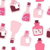rosa mönster med trolldryck flaskor. häxa mönster i hand dragen stil, lämplig för rosa halloween fest, valentines dag vektor