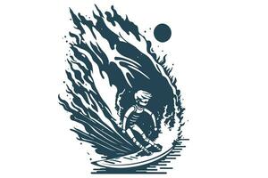 Surfen auf ein Welle im das Ozean. Surfen Fahrer auf groß Wellen. Surfer Vektor Illustration Design zum t Hemd drucken oder Verein Banner.