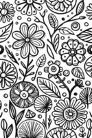 abstrakt svart och vit enfärgad ritad för hand blommor textur mönster klotter vektor illustration