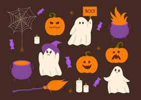süß Halloween Satz. Kürbisse, Geister, Kessel, Süßigkeiten und Spinnen. Vektor Illustration