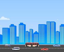 stadsbild med bilar på gata och himmel bakgrundsvektorillustration. byggnadslandskap. stadsbilden dagtid i platt stil. modern stadsbildsdesign vektor