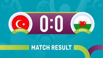 Turkiet vs Wales matchresultat, fotbollsmästerskap 2020 vektorillustration. fotboll 2020 mästerskapsmatch kontra lag intro sport bakgrund vektor