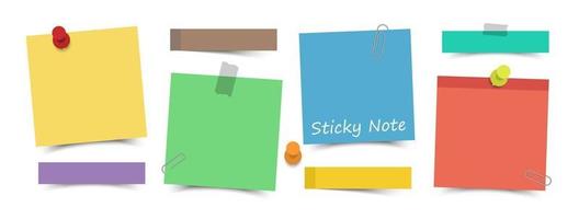Flaches Design mehrfarbige Haftnotizen mit Stift, Klebeband und Büroklammer auf weißem Hintergrund. Vektor. vektor