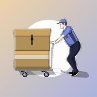 Kurier liefert die Warenkiste mit Trolley-Vektorillustration vektor