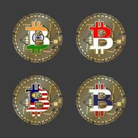 Vier goldene Bitcoin-Symbole mit Flaggen von Indien, Indonesien, Malaysia und Thailand. Symbol für Kryptowährungstechnologie. Vektor digitale Geldsymbole auf grauem Hintergrund isoliert