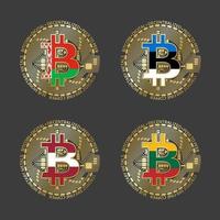 fyra gyllene bitcoin-ikoner med flaggor i Vitryssland, Estland, Lettland och Litauen. symbol för kryptovalutateknik. vektor digitala pengar ikoner isolerad på grå bakgrund