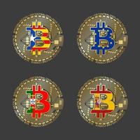 Vier goldene Bitcoin-Symbole mit Flaggen von Katalonien, der Europäischen Union, Portugal und Spanien. Symbol für Kryptowährungstechnologie. Vektor digitale Geldsymbole auf grauem Hintergrund isoliert