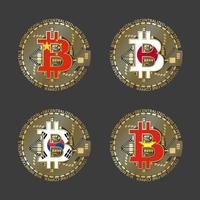 Vier goldene Bitcoin-Symbole mit Flaggen von China, Japan, Südkorea und Vietnam. Symbol für Kryptowährungstechnologie. Vektor digitale Geldsymbole auf grauem Hintergrund isoliert