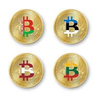 Vier goldene Bitcoin-Münzen mit Flaggen von Weißrussland, Estland, Lettland und Litauen. Vektor-Kryptowährungssymbole isoliert auf weißem Hintergrund. Blockchain-Technologiesymbol vektor