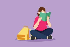 Grafik eben Design Zeichnung glücklich jung Frau lesen Buch und Sitzung auf Boden. Clever schön weiblich Leser genießen Literatur oder studieren und vorbereiten zum Prüfung. Karikatur Stil Vektor Illustration