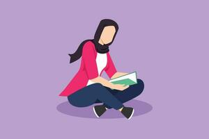 Grafik eben Design Zeichnung ziemlich arabisch weiblich Sitzung auf Fußboden und lesen Buch. schön Frau Ausgaben Wochenende mit Bücher. Freizeit Aktivität, Ruhe, Entspannung. Karikatur Stil Vektor Illustration