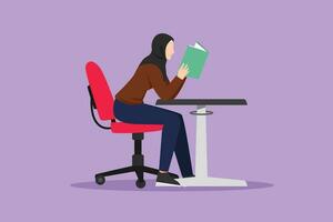 Grafik eben Design Zeichnung arabisch Mädchen Schüler lesen Buch im Bibliothek oder Buchgeschäft und Sitzung auf Stuhl beim Tisch. Menschen lesen und Studie Bildung oder Lernen Lektion. Karikatur Stil Vektor Illustration