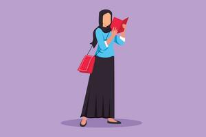 grafisk platt design teckning arab kvinna i modern slöja, trendig väska, innehav bok. flicka läsning fungera bok eller skolbok. studerande, bokälskare, litteratur fläkt. tecknad serie stil vektor illustration
