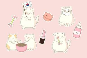 uppsättning av klistermärken söt koreanska katt och kosmetika vektor