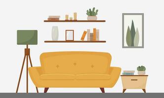 Leben Zimmer Innere, Möbel, Design Elemente, modern heim, Sofa, Anlage, Lampe, Kerzen, Vase, gemütlich, Vektor eben Stil Illustration