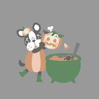 glücklich Halloween Urlaub Festival mit Hund und Kessel mit Kürbis und Süssigkeit, eben Vektor Illustration Karikatur Charakter Design