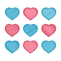 Satz von roten und blauen Herzen auf weißem Hintergrund. mit abstraktem Linienmuster. einfache flache vektorillustration. geeignet für Grußkarten, Hochzeiten, Feiertage, Websites. vektor