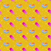 Farbe nahtlose Muster von leckeren Kuchen und rosa Eis mit dem Zuckerguss. einfache flache Illustration auf einem orangefarbenen Hintergrund mit gelben Sternen vektor
