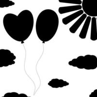 svarta isolerade silhuetter av ballonger på en vit bakgrund med moln och sol. enkel platt vektorillustration. lämplig för dekoration av gratulationskort, tidskrifter. vektor