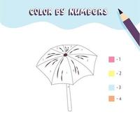 Malvorlagen mit süßem Sonnenschirm am Strand. Farbe nach Zahlen. pädagogisches Kinderspiel, Kinderaktivität zeichnen, druckbares Arbeitsblatt. vektor