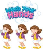 Waschen Sie Ihre Hände Schriftdesign mit einem Mädchen, das eine medizinische Maske auf weißem Hintergrund trägt vektor