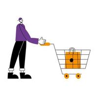 Mannkarikatur mit Einkaufstasche im Warenkorbvektordesign vektor