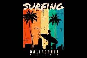 t-shirt silhuett surfing strand solnedgång Kalifornien vacker retro stil vektor