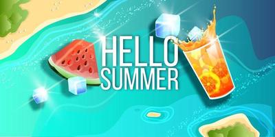 Sommerverkaufsbanner, Saisonangebotshintergrund, Draufsicht der tropischen Insel, Wassermelone, Eislimonade vektor