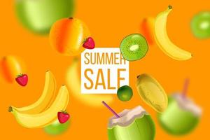Sommerverkauf orange Banner, heißer Rabatt Hintergrund, Banane, Kiwi, Kokosnuss mit Strohhalm, Mango vektor