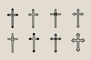 dekorativ krucifix religion katolik symbol, kristen går över. ortodox tro kyrka korsa ikoner design, isolerat platt uppsättning. vektor illustration.