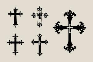 dekorativ krucifix religion katolik symbol, kristen går över. ortodox tro kyrka korsa ikoner design, isolerat platt uppsättning. vektor illustration.