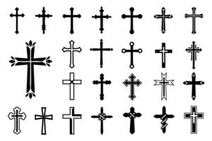 dekorativ krucifix religion katolik symbol, kristen går över. ortodox tro kyrka korsa ikoner design, isolerat platt uppsättning. vektor illustration.