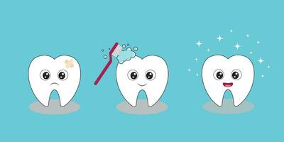 süß Karikatur Zähne. sauber und schmutzig Zahn. Dental Pflege Konzept. eben Vektor Illustration