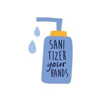 sanitizer dina händer bokstäver kampanj i flaska handgjorda platt stil vektor