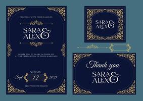 Hochzeitseinladung, elegante und rustikale Hochzeitsset-Vektorillustration, blaue und goldene Farbeinladungskarte vektor