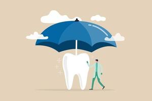 Zahnversicherung, die Gesundheits- und medizinische Kosten abdeckt, Zahnschutz oder Zahnpflegekonzept, Zahnarzt steht mit starkem, sauberem Zahn mit großer Regenschirmabdeckung oder schützt vor Sturm oben. vektor