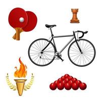 Sport-Symbole. Fahrrad, Tennis, Schach, Billard, diverse Sportarten. Sport eingestellt. isolierte Vektorgrafik vektor