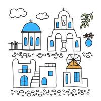 Santorin. Griechenland. Gebäude der traditionellen Architektur. traditionelle griechische weiße häuser mit blauen dächern, kirchen, mühlen und blumen. Doodle-Stil. Vektor-Illustration isoliert auf weißem Hintergrund. vektor