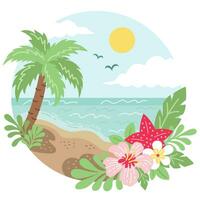 tropisch Strand Landschaft im Kreis. schön Szenen von Natur mit Palme Baum, Vögel, Blume und Meer Vektor Illustration