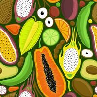 Grün Vektor nahtlos Hintergrund mit hell bunt tropisch Früchte im Pop Kunst Stil