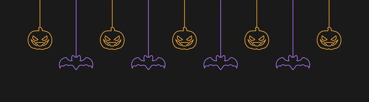 Lycklig halloween baner eller gräns med lysande fladdermöss och domkraft o lykta pumpor. hängande läskigt ornament dekoration vektor illustration, lura eller behandla fest inbjudan