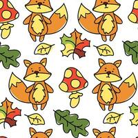 Muster mit Karikatur Orange Fuchs, Herbst Blätter und fliegen Pilze im Herbst Stil. Vektor Bild von nahtlos Muster, endlos Muster zum Kinder- Waren auf ein Weiß Hintergrund