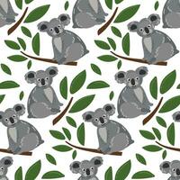 Koala Muster. nahtlos Tiere mit Pflanze Blätter auf Geäst. drucken ein Vektor Illustration. süß wenig Zeichen unter das Blätter, Sitzung auf ein Baum. Drucken auf Textilien und Papier