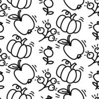 Vektor nahtlos Muster von schwarz Konturen von Herbst Ernte, Kürbis, Eberesche, Apfel, Cranberry im das Stil von Kritzeleien. Kontur Hintergrund, Textur. Herbst Ernte, glücklich Herbst, das Erntedankfest