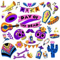 en uppsättning för muertos med en skalle. de fest av de död- på mexico dag. skalle, ljus, gitarr, maracas, flaggor, blommor på en vit bakgrund. tema minnesmärke dag, dag av de död, halloween vektor