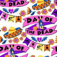 muertos mönster med inskrift. de fest av de död- i Mexiko. hatt, flaggor, blommor, ljus med en blommig mönster. blommig sömlös. sömlös mönster för halloween. dag av de död- vektor